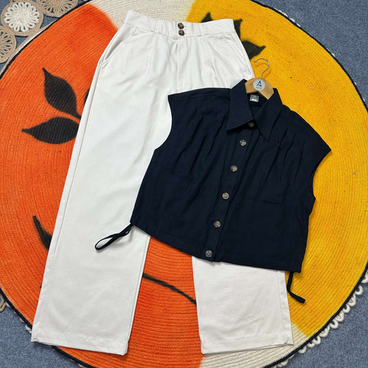 Ladies Drop Shoulder Crop Shirt & Pants Set (Black & Off-White)