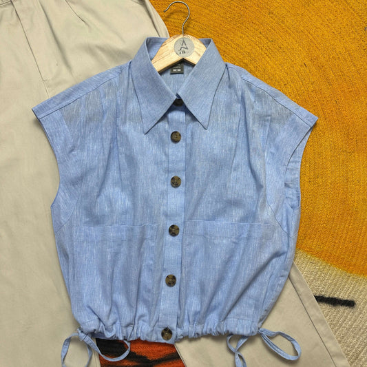 Ladies Drop Shoulder Crop Shirt & Pants Set (Sky Blue & Off-White)