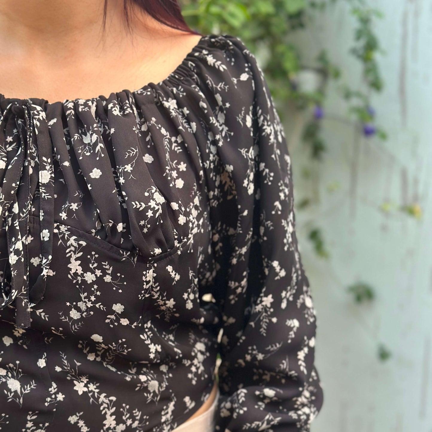 Tie Front Floral Printed Full Sleeve Summer Top - Black