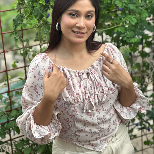 Tie Front Floral Printed Full Sleeve Summer Top - Pink