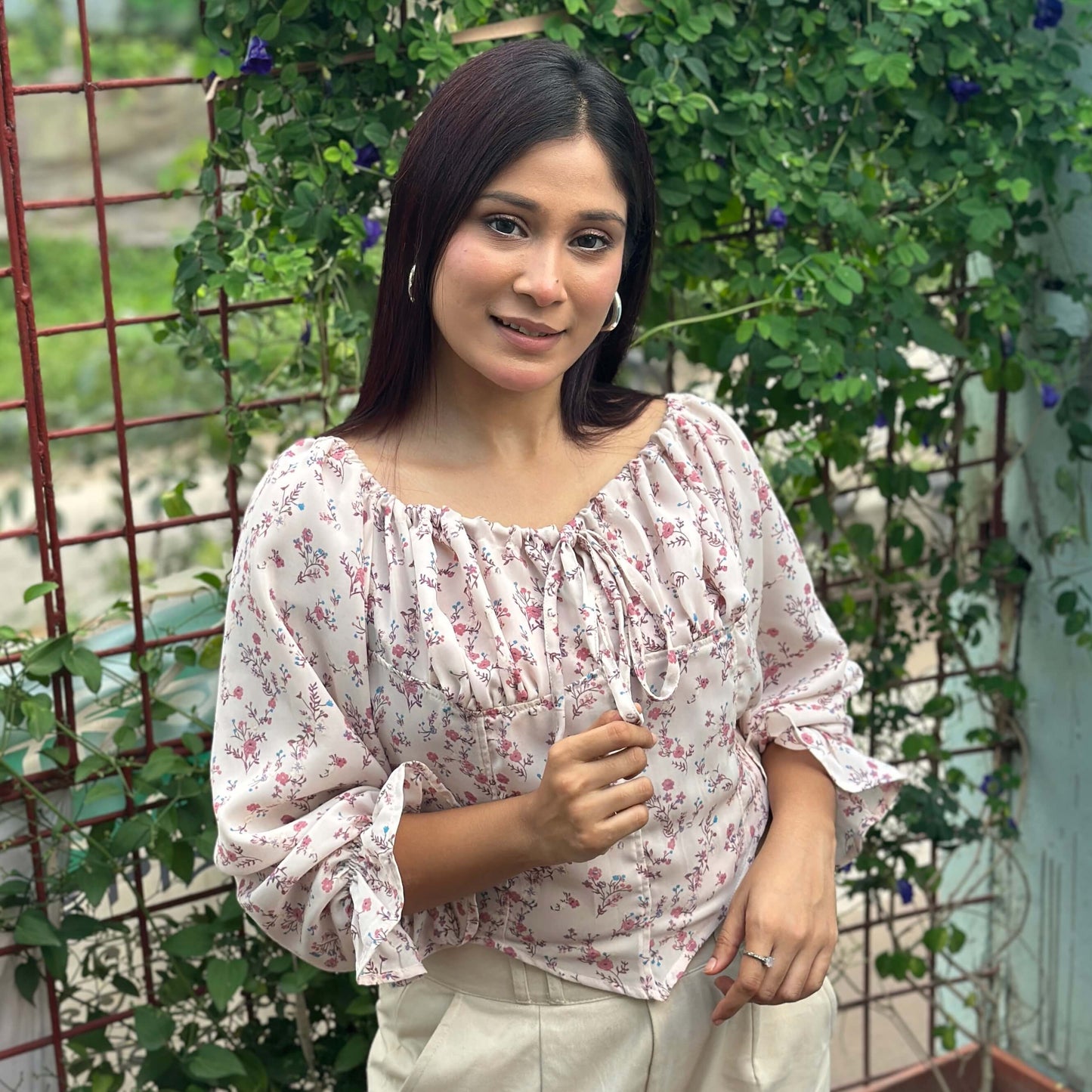 Tie Front Floral Printed Full Sleeve Summer Top - Pink
