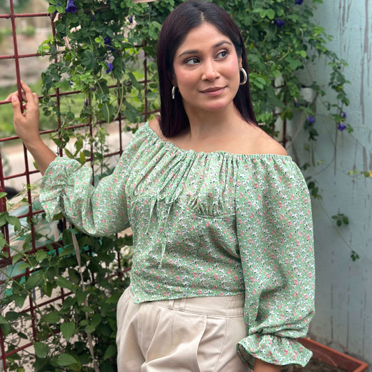 Tie Front Floral Printed Full Sleeve Summer Top - Green