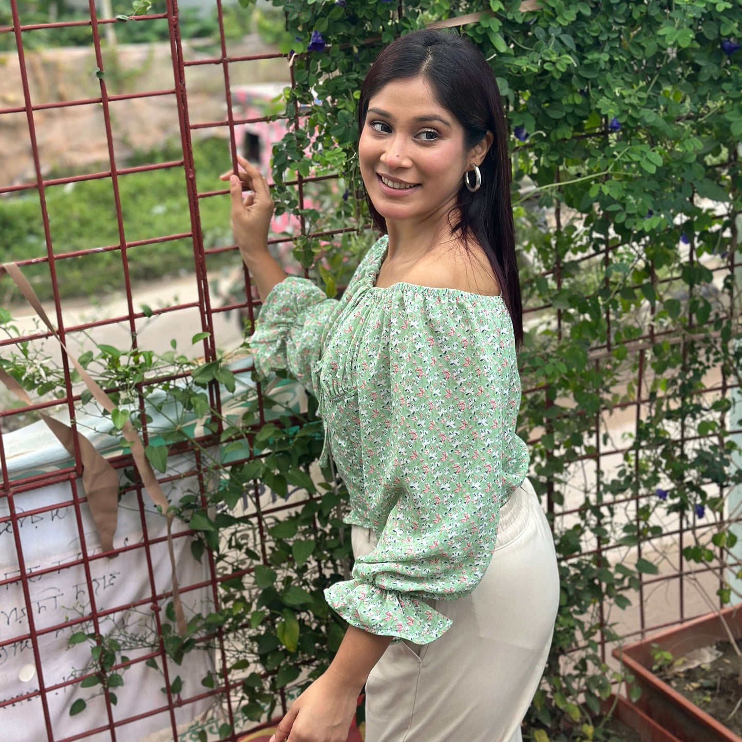 Tie Front Floral Printed Full Sleeve Summer Top - Green