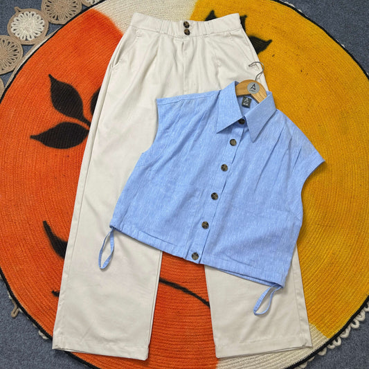Ladies Drop Shoulder Crop Shirt & Pants Set (Sky Blue & Off-White)