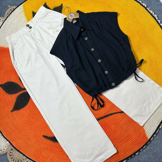 Ladies Drop Shoulder Crop Shirt & Pants Set (Black & Off-White)