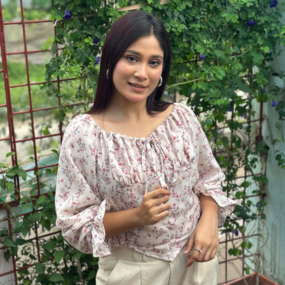 Tie Front Floral Printed Full Sleeve Summer Top - Pink