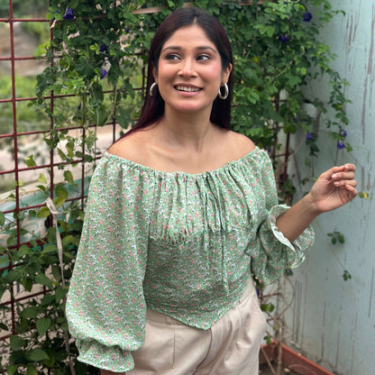 Tie Front Floral Printed Full Sleeve Summer Top - Green