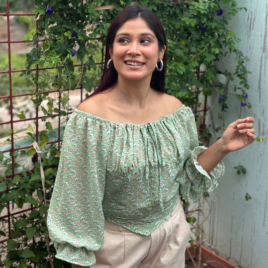 Tie Front Floral Printed Full Sleeve Summer Top - Green