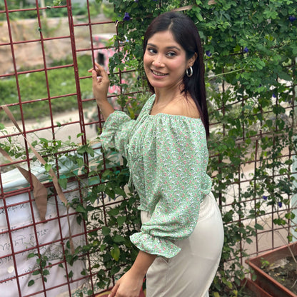 Tie Front Floral Printed Full Sleeve Summer Top - Green